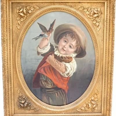 Large Victorian Continental Oil Painting Young Boy and Birds after Jean-Baptiste Greuze. Oil on Paper laid to canvas. In exceptional gilt...