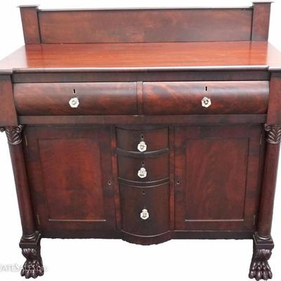 Antique American Empire Good Quality Mahogany Sideboard with Acanthus Leaf Columns on detailed carved Paw Feet. Two top drawers over 3...
