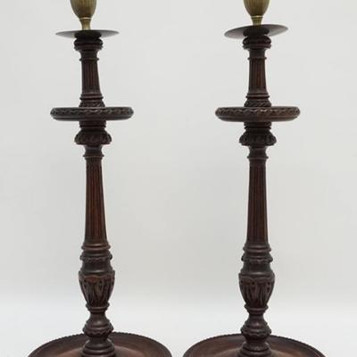 Antique c. 1890 Barley Twist Candle Sticks on wide base with brass urn candle holders. Each measures 8