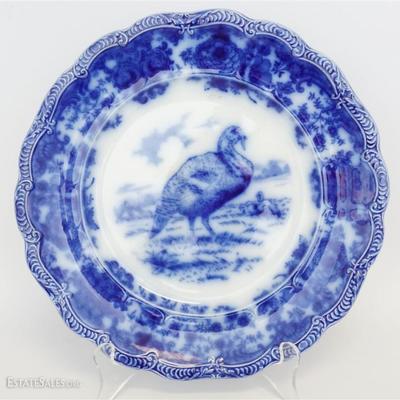 Antique Flow Blue Turkey Plate. England, John Ridgeway 