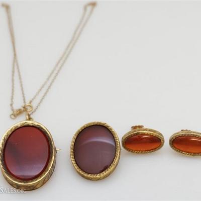 Victorian c. 1900 Carnelian Parure. All set in 10k yellow gold frames and on a 14k chain. Include 2 Brooch Pendants one at 1.25
