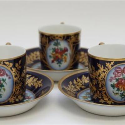  Antique French set of Five Cobalt, gilded and floral medallion Demitasse cups & saucers. The Saucers are 3.25
