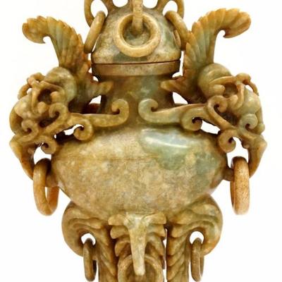 Antique late 29th, early 20th c. Chinese Elaborately openwork carved, Nephrite Jade covered censer. Supported with four carved legs with...