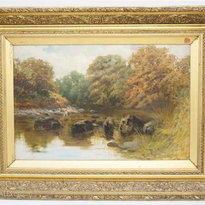 Lot 68- Large Oil on Canvas Fly Fisherman Landscape by Samuel Lawson Booth (British, 1836-1928). The oil is signed and dated 'S L Booth....