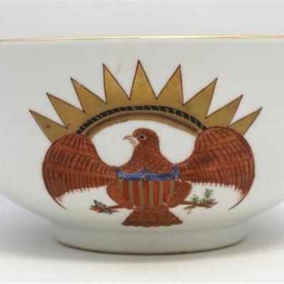 Lot 21- Antique Chinese Gilt Rim American Eagle Armorial Export Bowl. Decorated in Hong Kong. Federal Eagles under gilt crowns with...