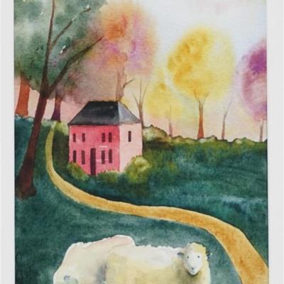 Lot 13 - Original Folk Art Sheep Watercolor by Mount Pleasant South Carolina artist Sarah Buell Dowling. Signed and dated 2005. With Mat,...