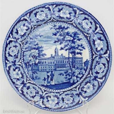 Historical Staffordshire Dark Blue New York City Hall Plate Ridgway 1825. historical Staffordshire dark blue plate with a view of 
