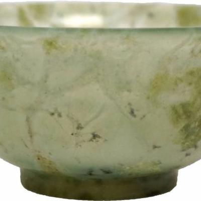 Chinese Qing Period Celadon Jade Bowl with spinach green inclusions. The Bowl is translucent, has a slightly everted rim, circular foot.