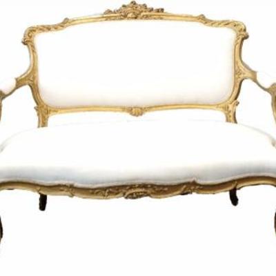 Antique Classic French Louis XV Carved Gilt Washed Parlor Suite. All 3 pieces matching, carved and shaped gilt washed wood foliate motif...