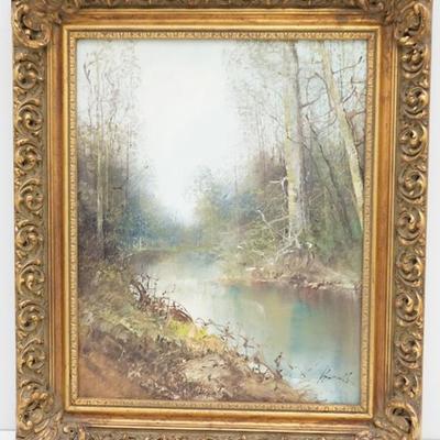 OIl on Canvas Landscape 20th century. In ornate gilt wood frame. Stamped at the reverse 'W.T. Burger & Co.'. Signed in the lower right...