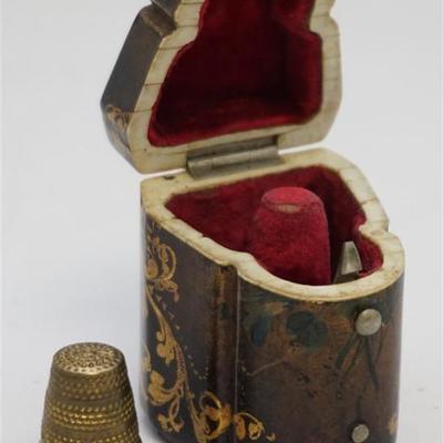 Lot 26- Antique 19th c. English Papier Mache Hand Painted Thimble Box. Shaped like a miniature knife box, beautifully painted and...