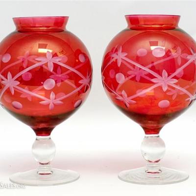 Lot 2- A matched pair of Vintage Etched Cranberry Flash Compotes.  8