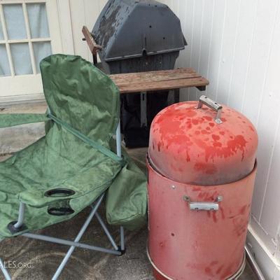 electric smoker, grill, and camping chairs