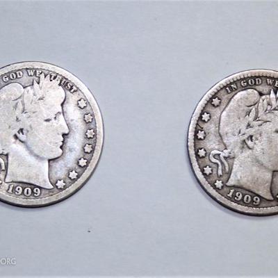 2 Barber Silver Quarters both 1909