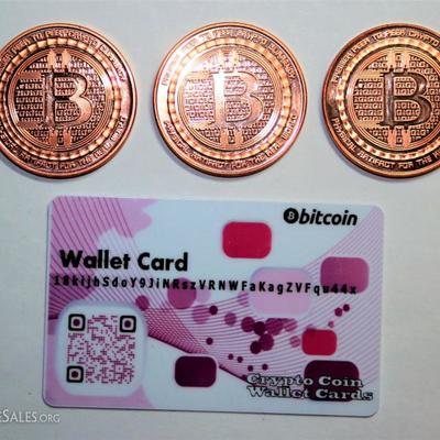 3 Copper Bitcoin Rounds & Wallet Card 