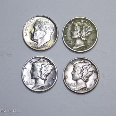 4 US Silver Dimes 3 Mercury 1 Roosevelt 