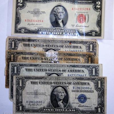 4 Silver Certificate $1 Bills and Uncirculated $2