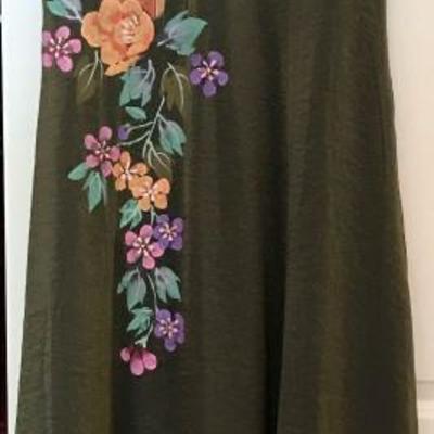 Olive green dress with hand painted flowers new with tags
