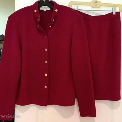 St John Knits suit red skirt and jacket gold buttons