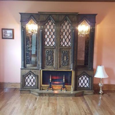 Jacobian/Gothic Entertainment System. , 2 chandeliers, stereo, electric fireplace