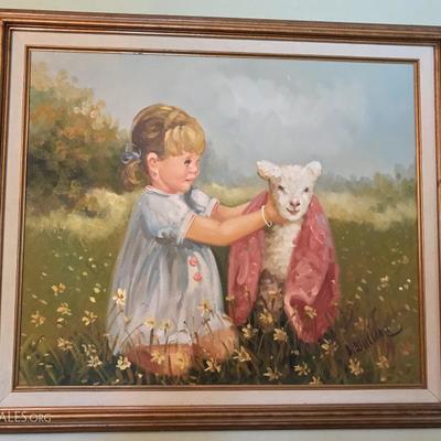 Original oil on canvas signed L.Williams Girl and Lamb