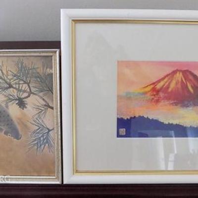 MVT016 Framed Japanese Watercolor & Print Two Artworks
