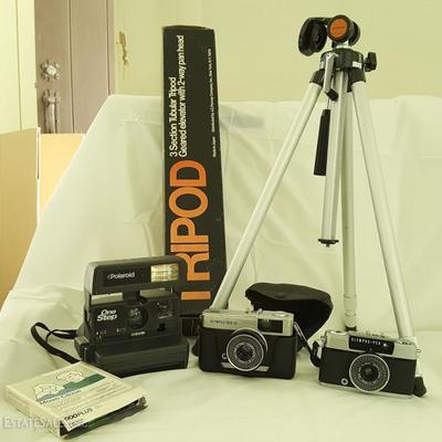 MVT050 Vintage Olympus 35mm cameras, Polaroid, Tripod
