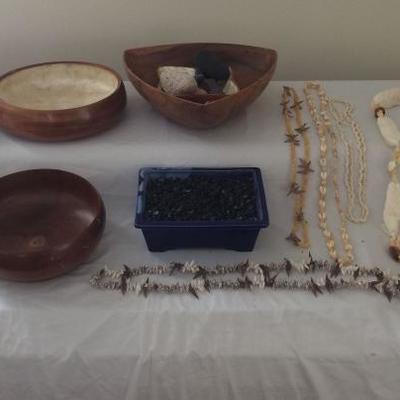 MVT073 Oriental Planters, Monkeypod Bowls, Shell Lei, Stones, Crystal
