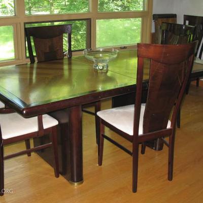 beautiful lacquer finish dining room table with chairs leaves and pads