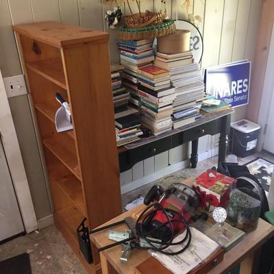 Maine made finely crafted book shelves, chopping block, good books, very sturdy side table,  Handy Toughtest plunge router w/24p kit.
