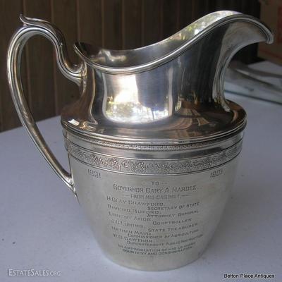 Gorham Sterling Silver Pitcher given to Governor C A Hardee in the 1920's with his Cabinet Members names engraved on the front.
