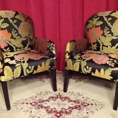 PAIR ARMCHAIRS WITH EMBROIDERED TROPICAL FOLIAGE UPHOLSTERY