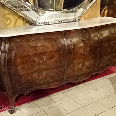 BURL WOOD BOMBE CHEST WITH WHITE MARBLE TOP