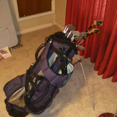 Full set of golf clubs and bag.