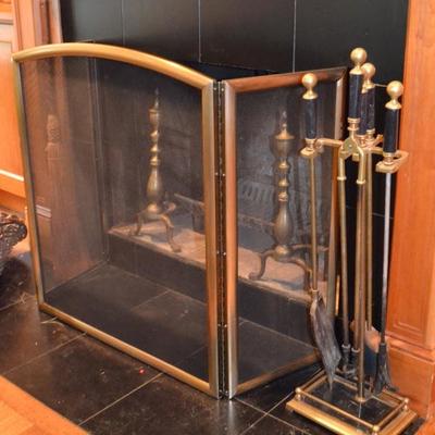 Brass fireplace tools, screen and andirons