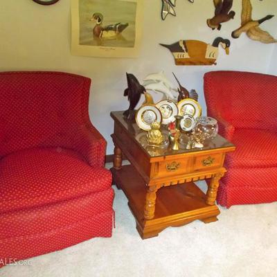 2 upholstered arm chairs $45 each
Lenore House pine end table $160