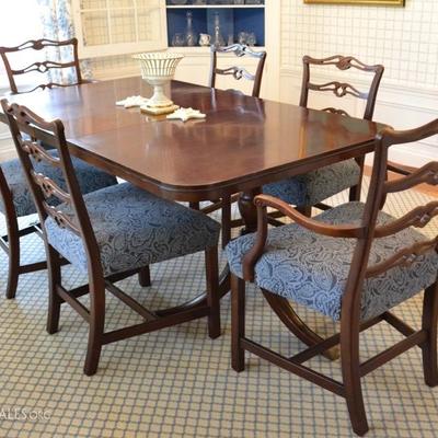 Double pedestal dining table and seven chairs