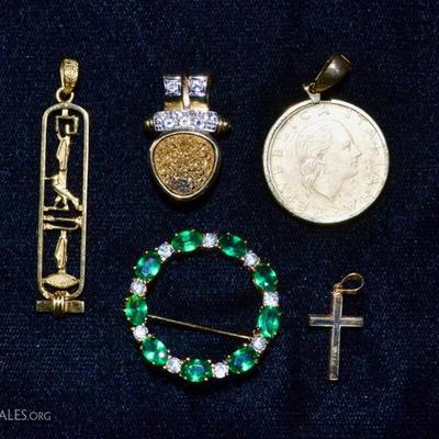 Gold pendants and brooch