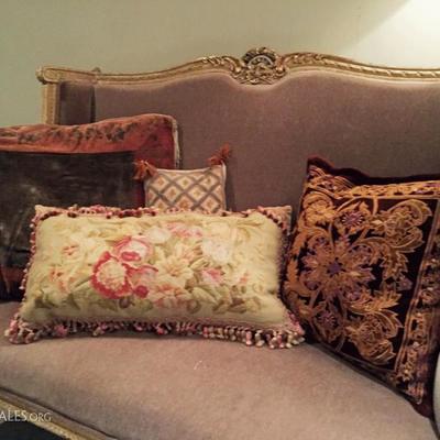 Custom down filled pillows, 18th century settee in new grey mohair.