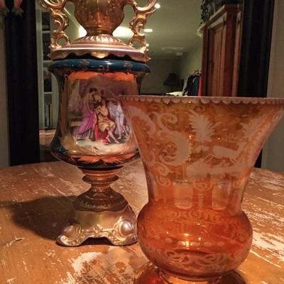 18th century porcelain and Bohemian cut amber glass