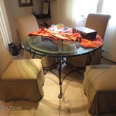 IRON GLASS ROUND TOP TABLE WITH SWAN LEGS AND 6 CHAIRS