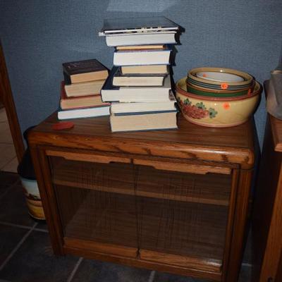 storage cabinet and books 