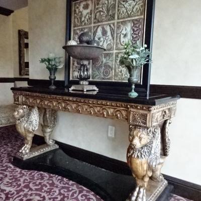 FRENCH EMPIRE STYLE WINGED LION CONSOLE TABLE WITH MARBLE TOP