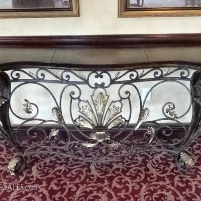 LARGE ORNATE GILT METAL CONSOLE TABLE WITH GILT EMBOSSED LEATHER TOP