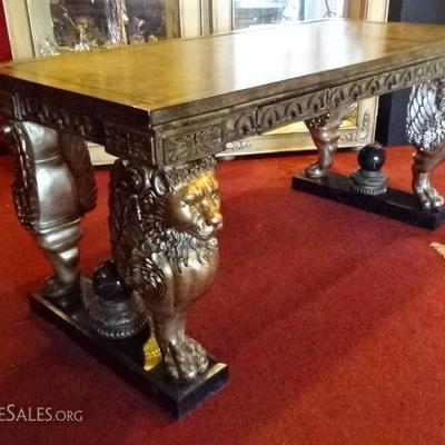 FRENCH EMPIRE STYLE WINGED LION WRITING DESK WITH GILT EMBOSSED LEATHER TOP