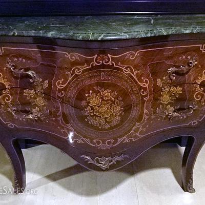 LOUIS XV STYLE MARQUETRY BOMBE CHEST WITH GILT METAL MOUNTS AND MARBLE TOP