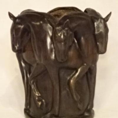 FRENCH ART DECO STYLE BRONZE VASE WITH 5 HORSES IN BAS RELIEF