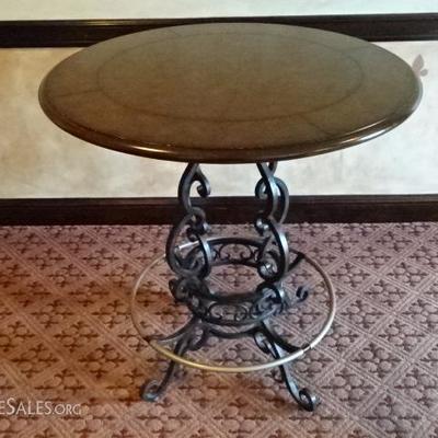 BAR HEIGHT LEATHER TOP BISTRO TABLE WITH FOOT RAIL - TWO AVAILABLE, SOLD SEPARATELY