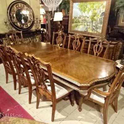 9 PIECE CHIPPENDALE STYLE DINING SET - TABLE WITH 8 CHAIRS AND 2 LEAVES