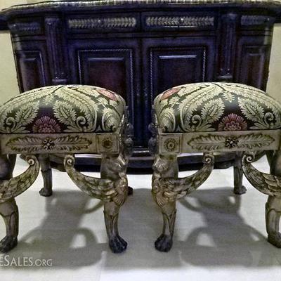 PAIR FRENCH EMPIRE STYLE WINGED LION OTTOMANS